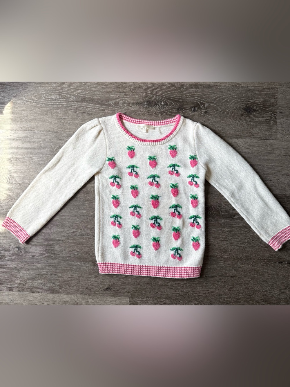 LoveShackFancy Girls Sweater with Pink Strawberry & Green Leaf Motif 9 years